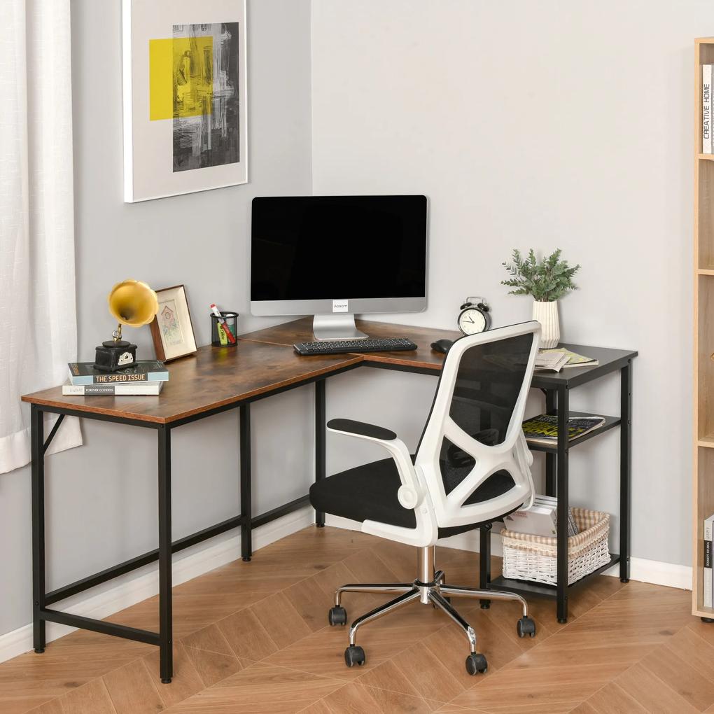 HOMCOM Secretária para escritorio estilo industrial em forma de L com prateleira e pés ajustáveis ​​150x120x75 cm Marrom