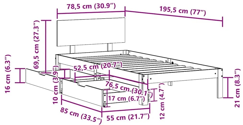 Estrutura de cama com gavetas 75x190 cm madeira de pinho maciça