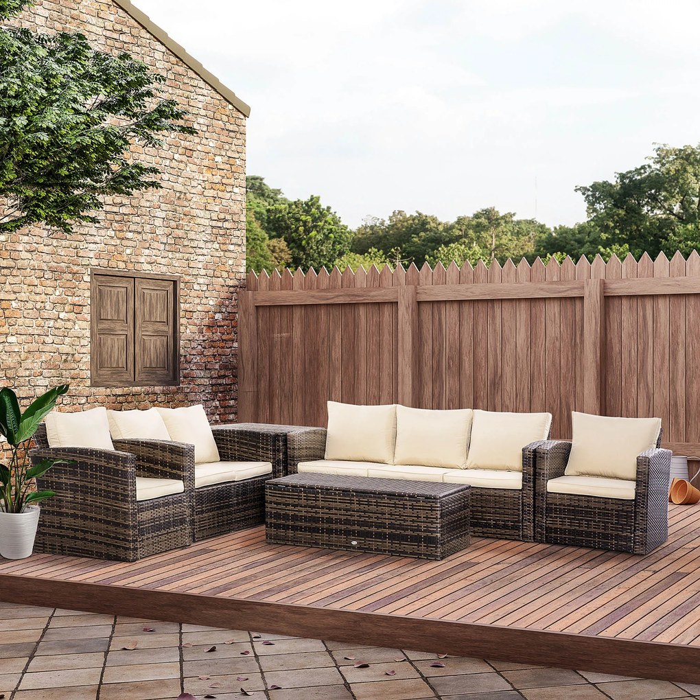 Conjunto de Jardim Exterior de Vime 6 Peças Almofadas Sofá de Dois Lugares Sofá de Três Lugares 2 Cadeiras 2 Mesas Auxiliares Cáqui