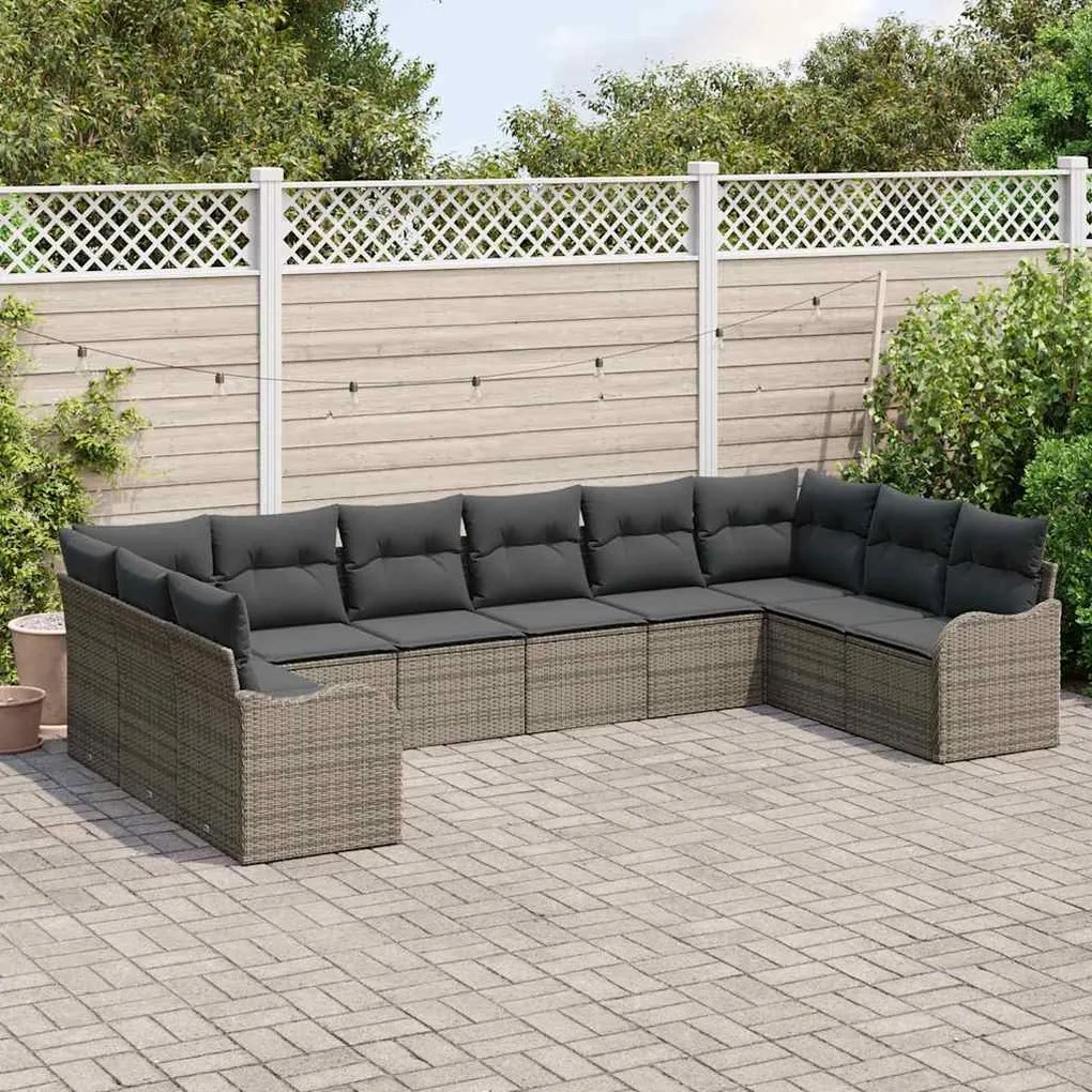 Conjunto de Sofá de Jardim com 10 Peças e Almofadas Cinzas em Rattan d