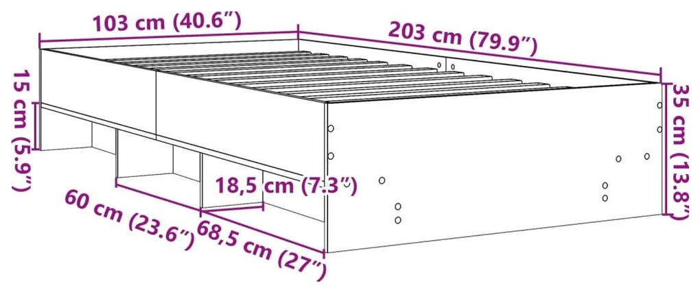 Estrutura de cama 100x200 cm derivados de madeira cinza sonoma