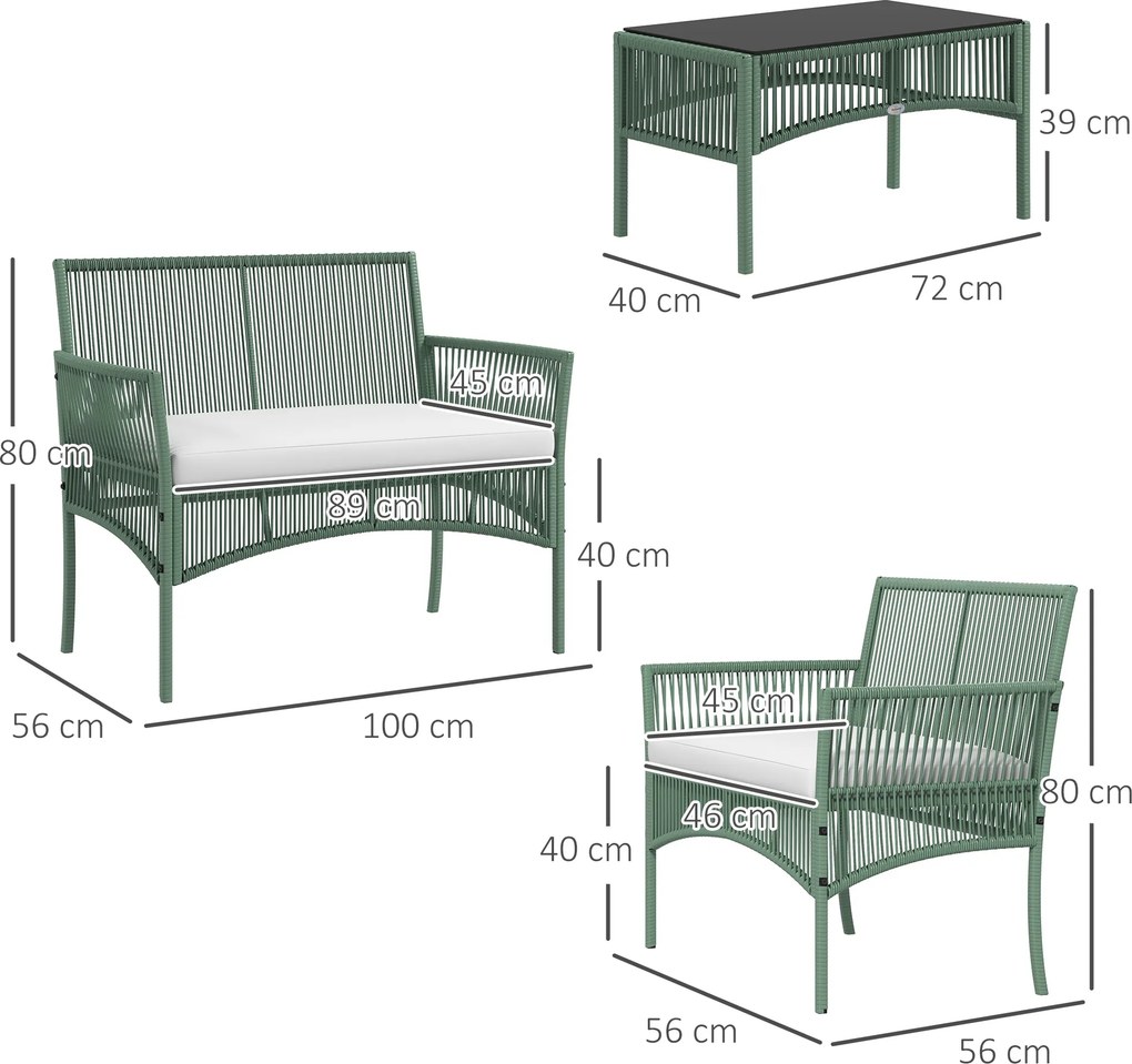 Conjunto de Jardim Exterior em Ratan Sintético com 2 Poltronas 1 Sofá de 2 Lugares 1 Mesa de Centro e Almofadas Verde