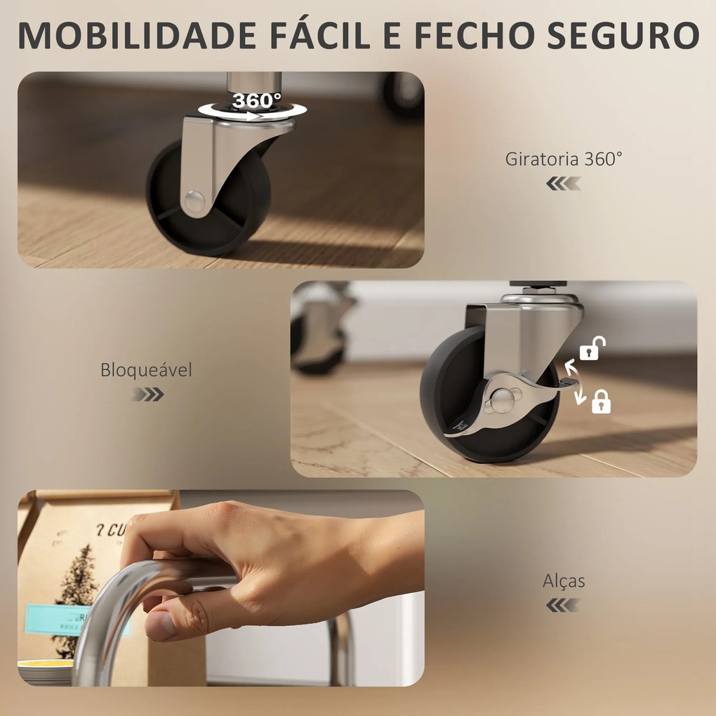 Carrinho Auxiliar cozinha com Rodas de Aço Inoxidável de 3 Níveis com Prateleira Ajustável 2 Rodas com Travão 60x35x77 cm Prateado