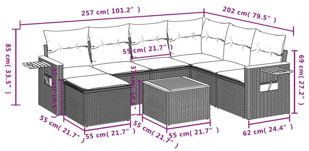 8 pcs conjunto de sofás p/ jardim com almofadões vime PE bege