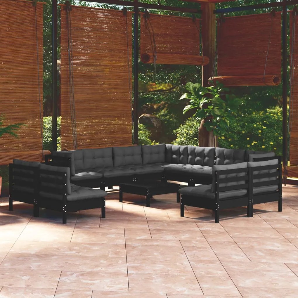 vidaXL 12 pcs conjunto lounge jardim c/ almofadões pinho maciço preto