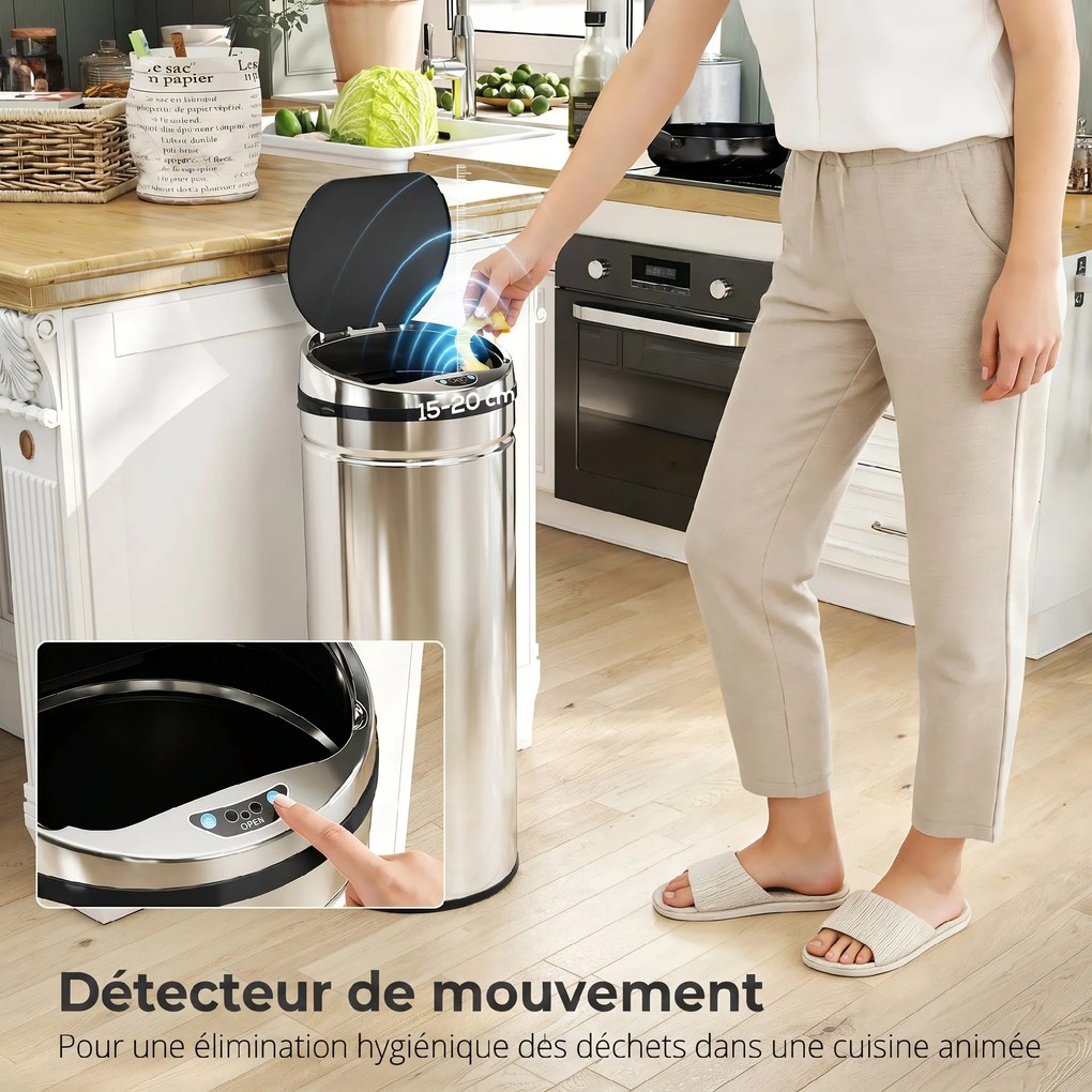 Caixote do lixo com sensor de movimento e abertura automática, 50 L, em aço inoxidável 30,5 x 30,5 x 81,5 cm preto e prateado