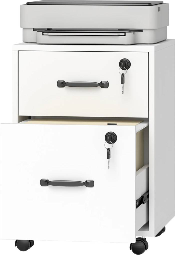 Bloco Gavetas de Arrumação de Escritório Móvel com 2 Gavetas, 40 x 40 x 54,1 cm, Formato Compacto, Branco