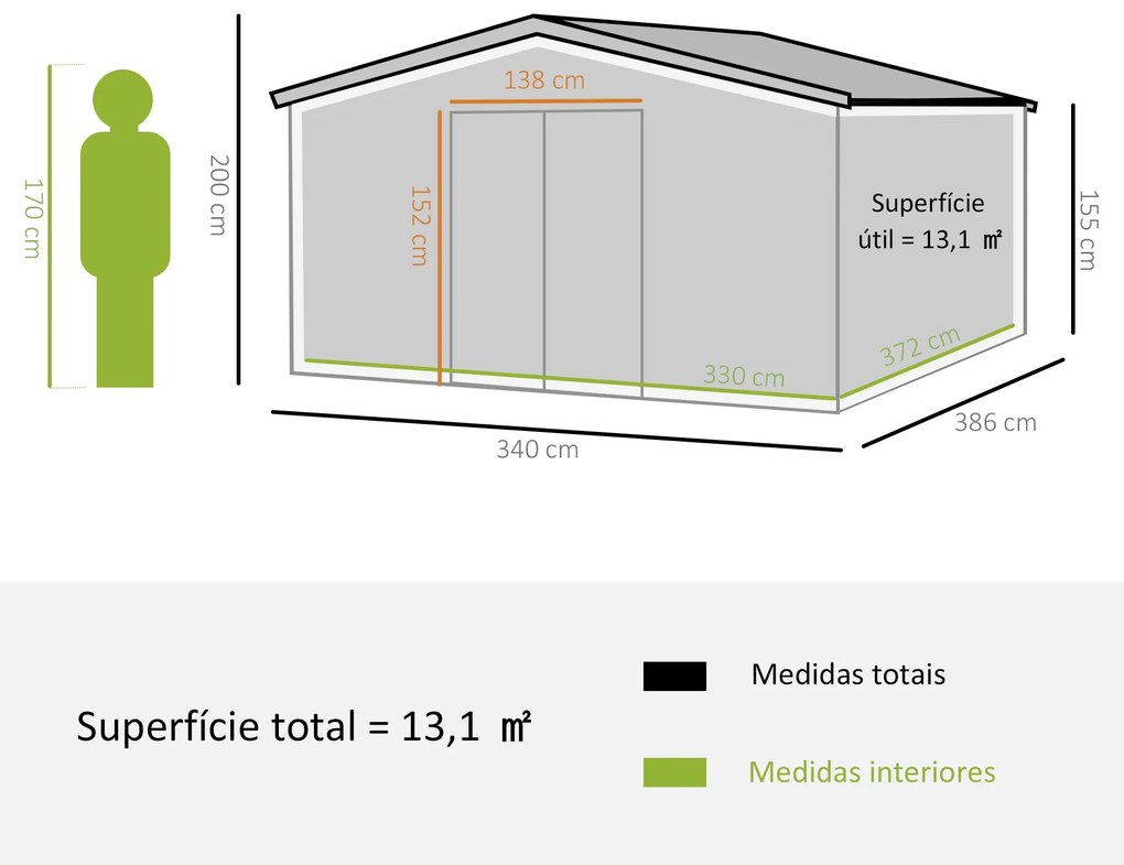 Abrigo Metálico de Jardim – 340x386x200 cm – Estrutura Reforçada com B