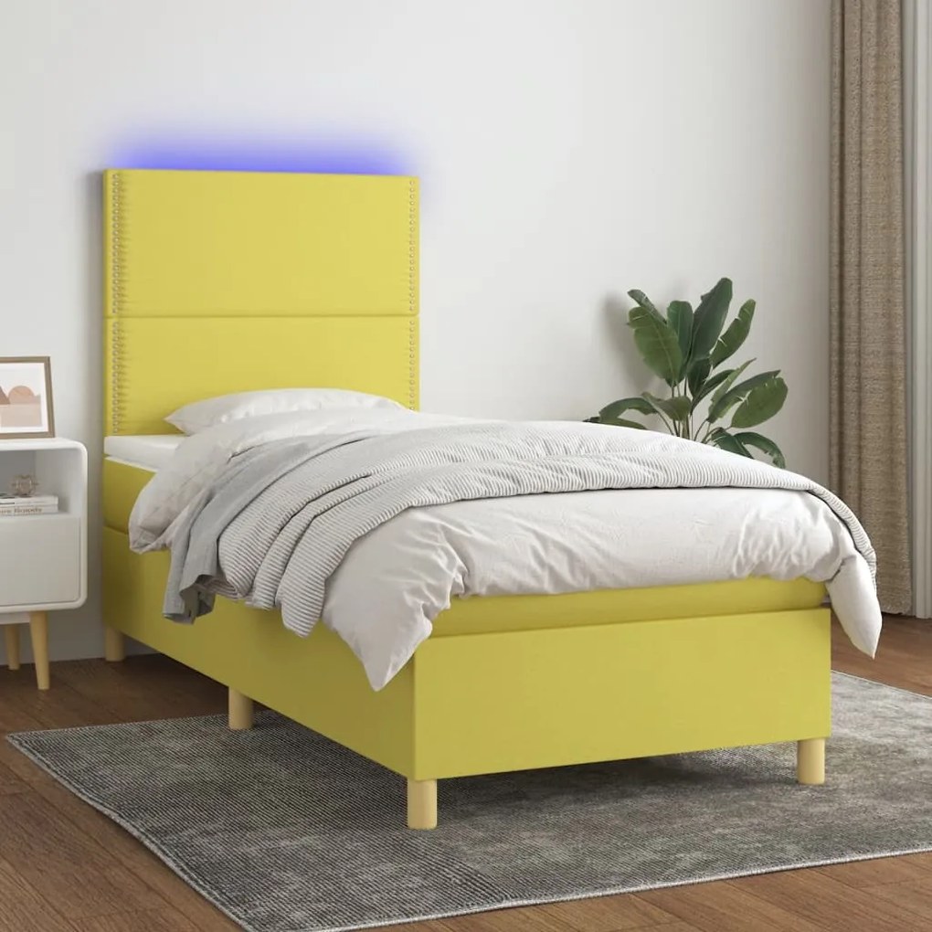 vidaXL Cama box spring c/ colchão e LED 100x200 cm tecido verde