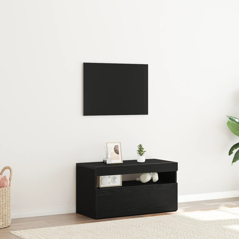 vidaXL Estante para TV com Luzes LED em Madeira de Carvalho Preto 75x35x40 cm em Madeira Revestida