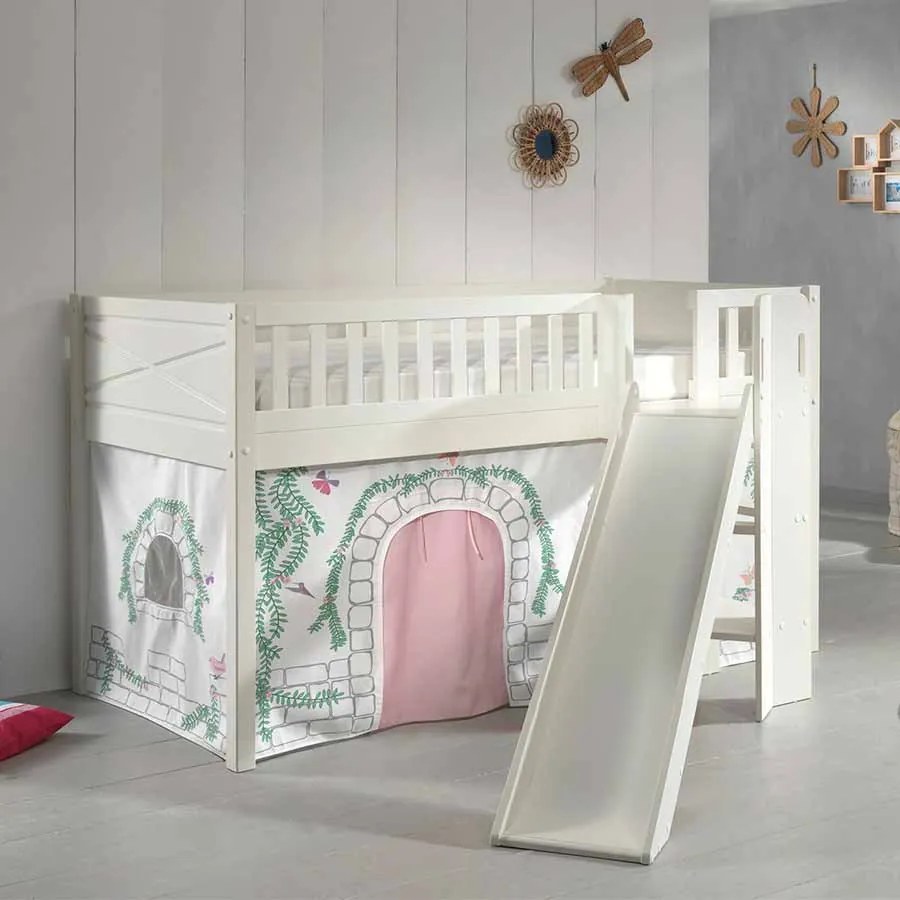 Conjunto cama Infantil SCOTT + escorrega + cortina de brincar BIRDY Branca