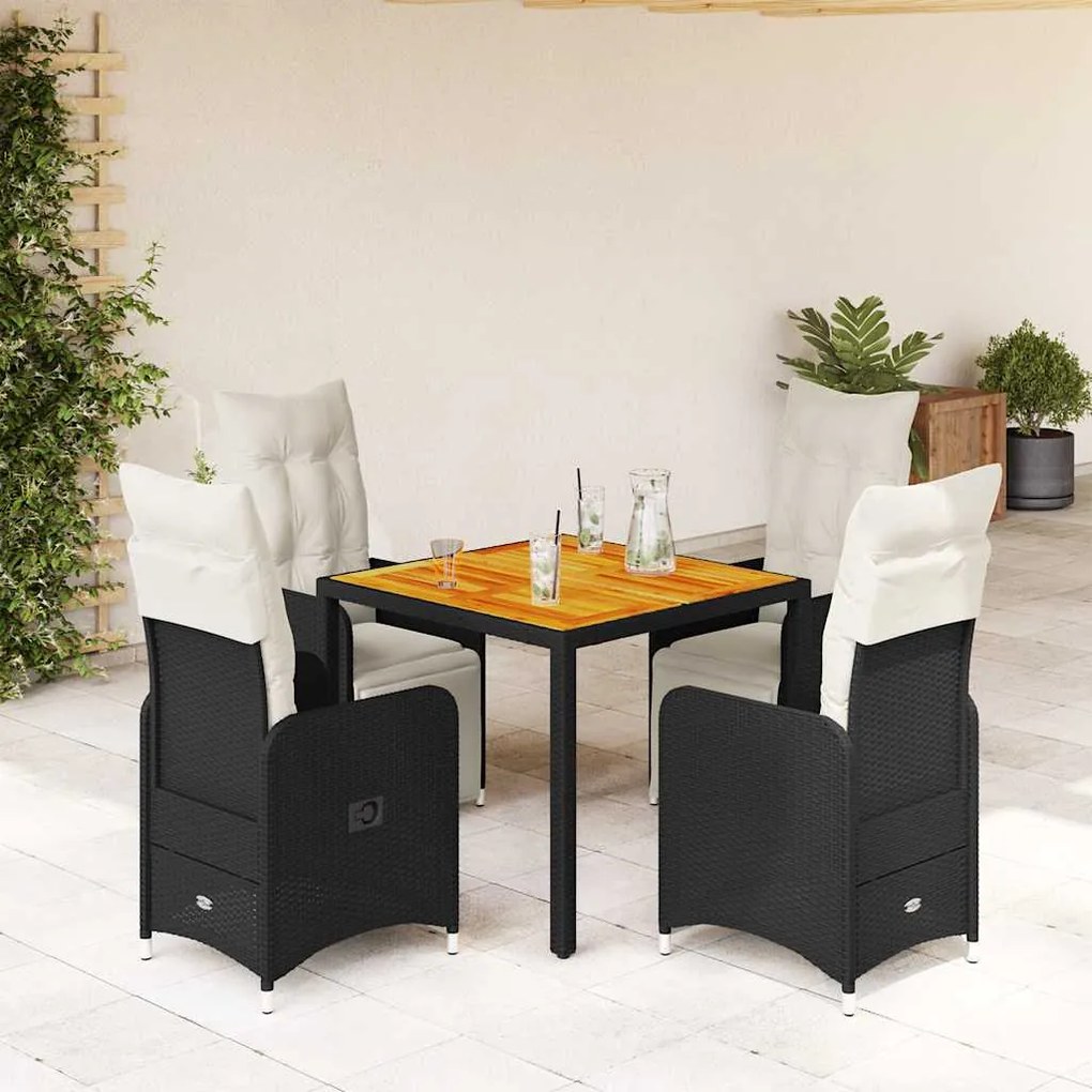 5 pcs conjunto bistrô de jardim c/ almofadões vime PE preto