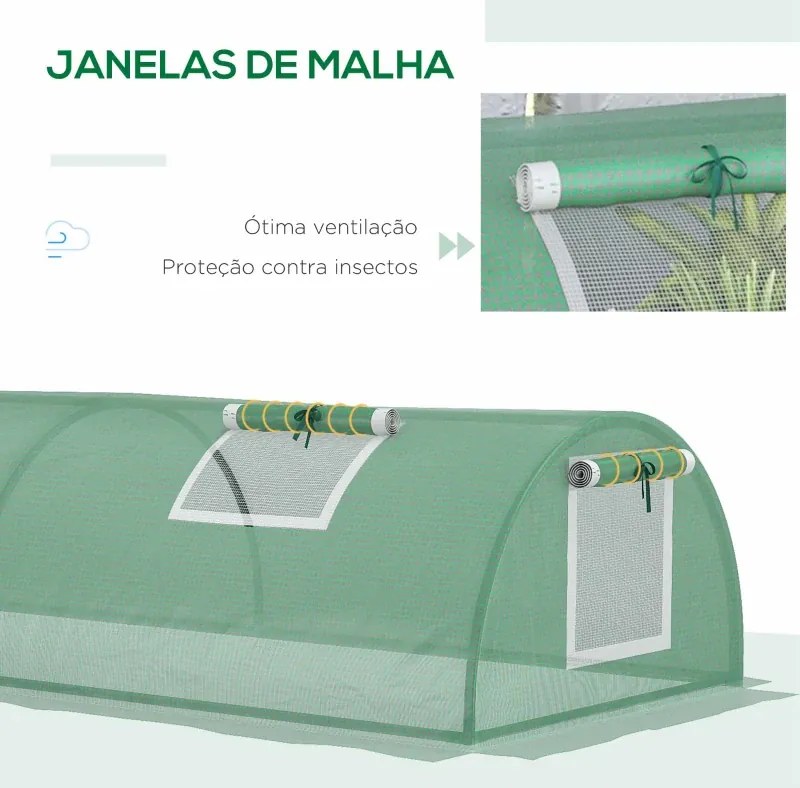 Mini Estufa para Cultivo de Plantas com 4 Janelas Estrutura em Aço e Cobertura de PE Anti-UV 200x80x45 cm Verde