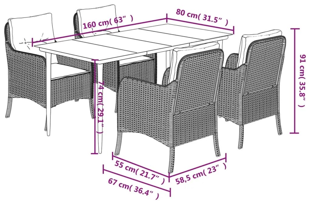 5 pcs conjunto de jantar p/ jardim c/ almofadões vime PE cinza