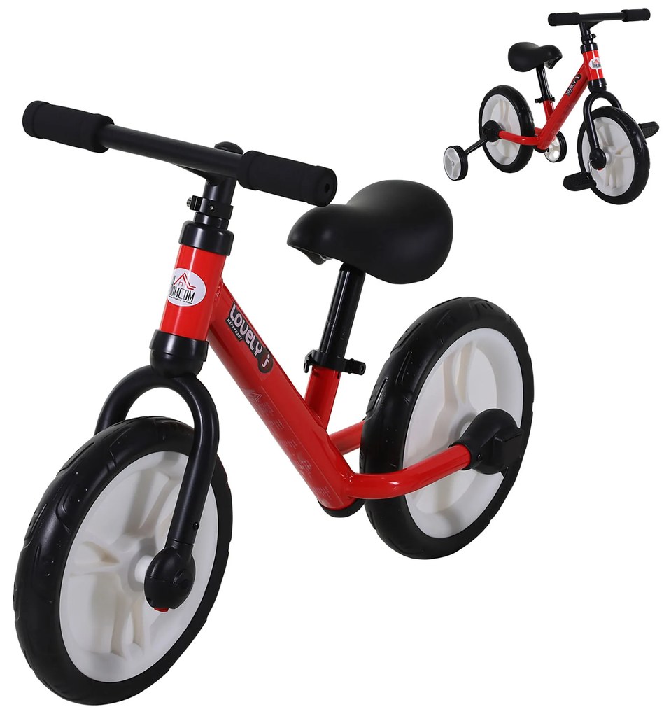 HOMCOM Bicicleta Balance com pedais e rodas removíveis Assento ajustável 33-38cm Crianças +2 Anos Carga 25kg Cor vermelha