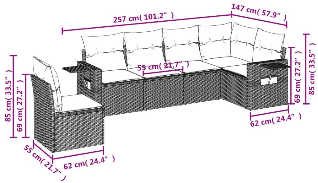 6 pcs conj. sofás jardim com almofadões vime PE cinzento-claro