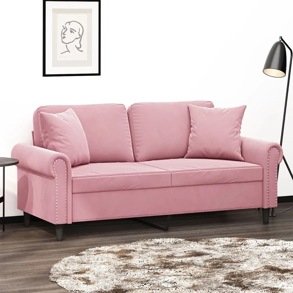 Sofá 2 lugares c/ almofadas decorativas 140 cm veludo rosa