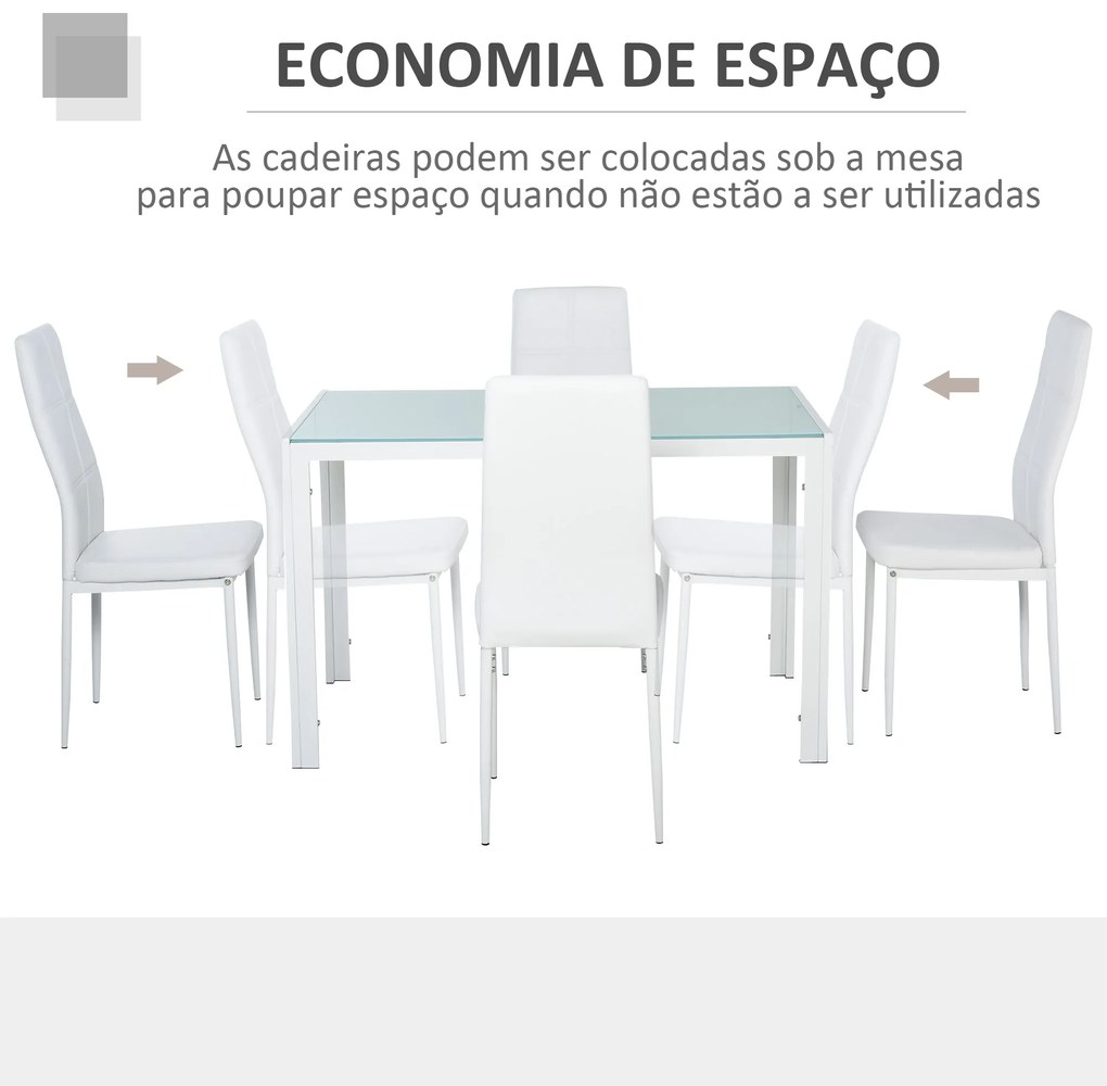 Conjunto de Refeição com Mesa Retangular de Vidro Temperado e 4 Cadeiras Estofadas em PU com Pés de Metal Branco