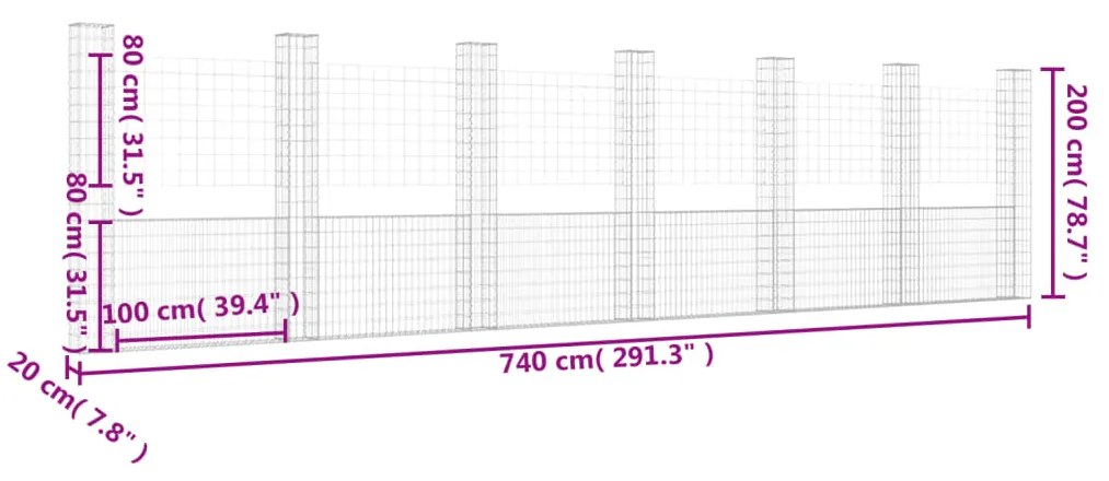 Cesto gabião em forma de U c/ 7 postes 740x20x200 cm ferro