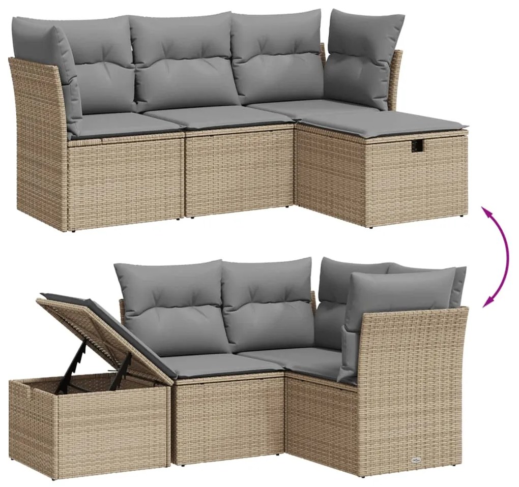 4 pcs conj. sofás jardim c/ almofadões vime PE bege misturado
