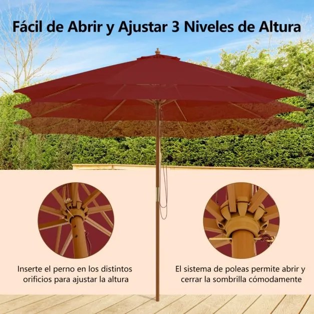 Guarda-sol 300 x 300 x 262 cm com 8 varas de bambu com elevação por roldana e orifício de ventilação para praia ou jardim Vermelho vinho