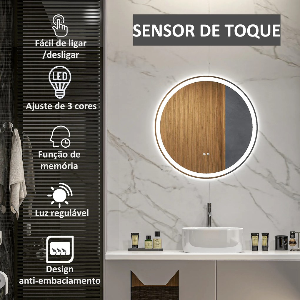 Espelho de Casa de Banho com Luzes LED Ajustáveis Ø60 cm com Função de Memória Anti-embaciamento e Interrutor Tátil Prata