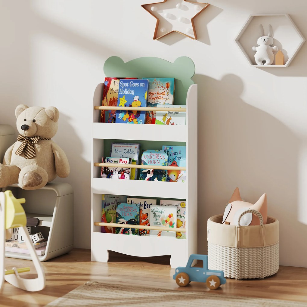 Estante infantil 55 (L) x 15 (P) x 110 (A) cm, organizador de livros infantil de 3 níveis para sala de jogos, quarto de criança, branca verde
