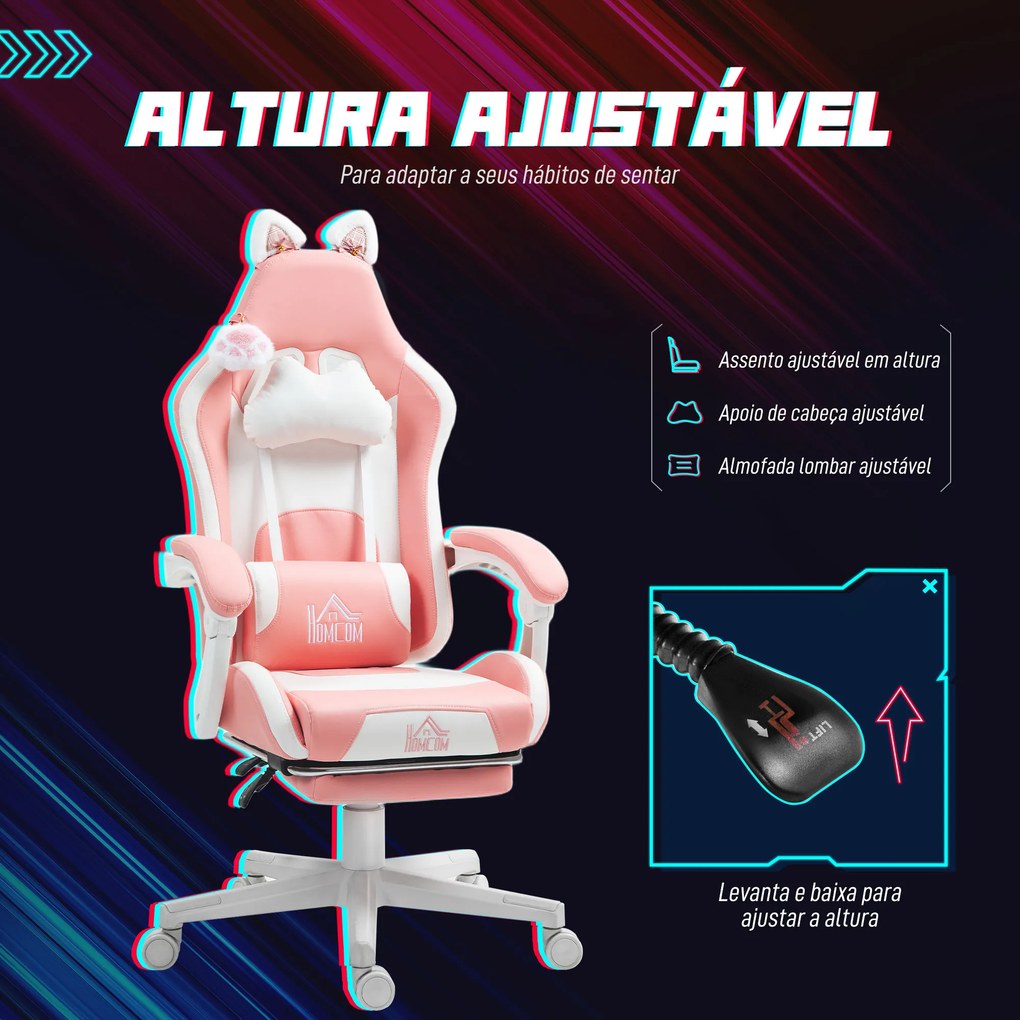Cadeira Gaming com Orelhas Cadeira Gamer Reclinável com Altura Ajustável e Suporte Lombar 65x62x116-124 cm Rosa e Branco