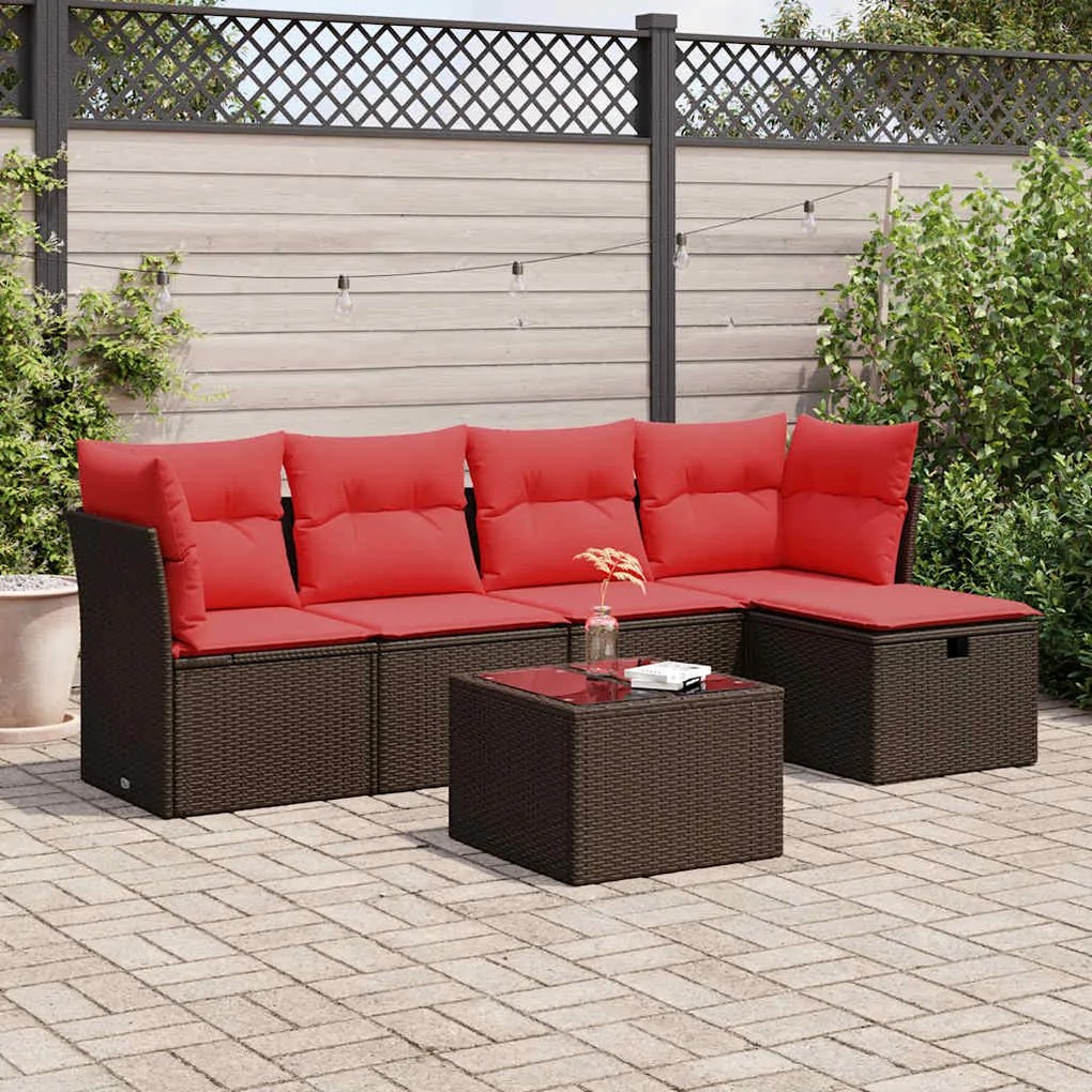 6 pcs conjunto de sofás jardim c/ almofadões vime PE castanho