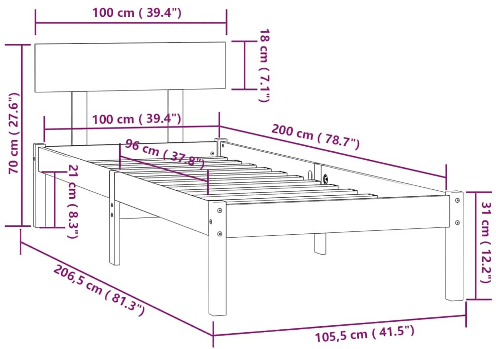 Estrutura de cama 100x200 cm pinho maciço preto