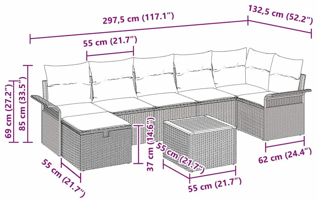 Conjunto de sofá de jardim de 8 peças da com almofadas, vime preto.