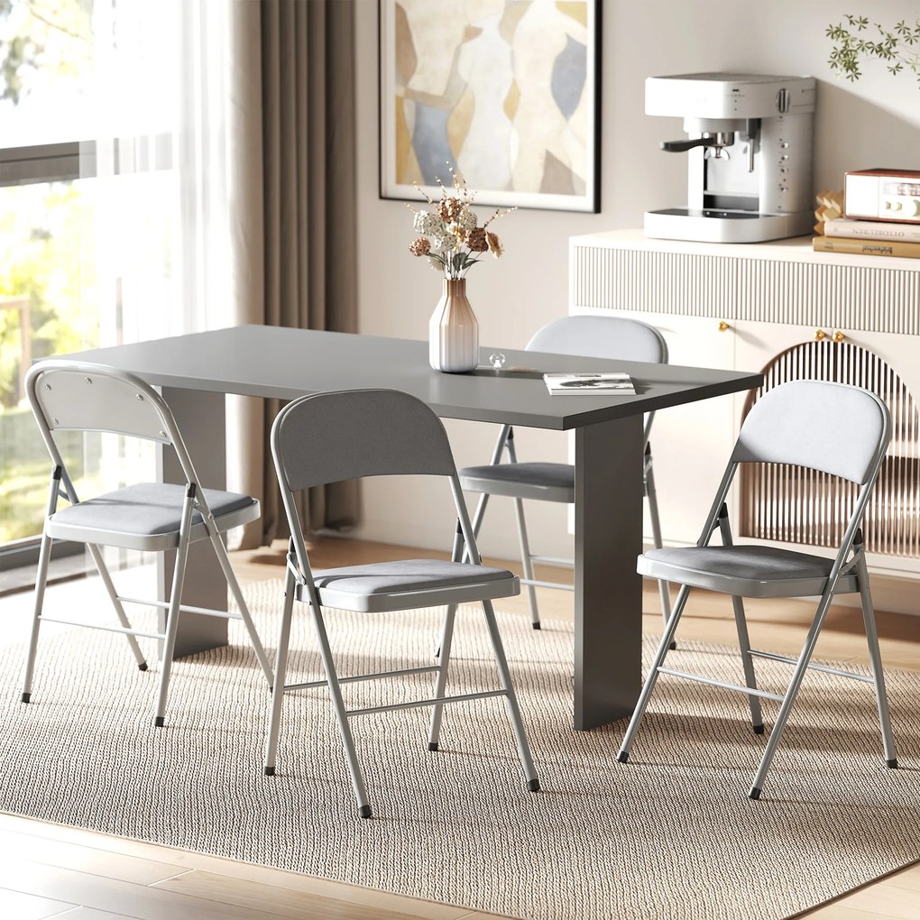 Conjunto de 4 cadeiras dobráveis e portáteis para interior (MESA NÃO INCLUIDA), com assentos e encostos estofados em veludo, estrutura em aço, cinzent