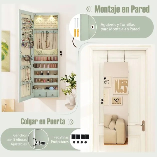 Armário de joias em madeira com espelho de parede e LED interno Organizador de porta ou parede com chave 35,5 x 10 x 120 cm Verde Claro