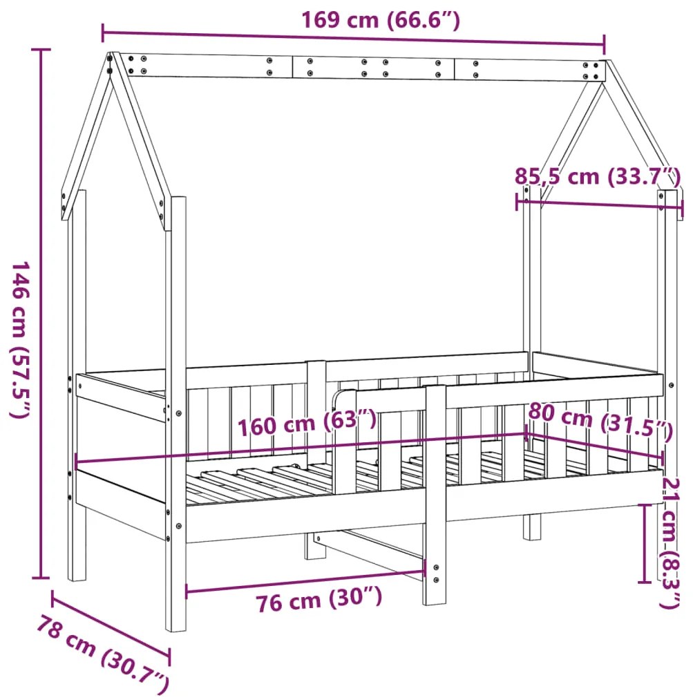 Cama infantil formato casa 80x160 cm pinho maciço castanho-mel