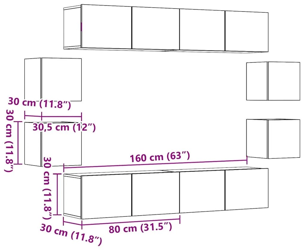 armários de TV montados na parede 8 pcs madeira velha