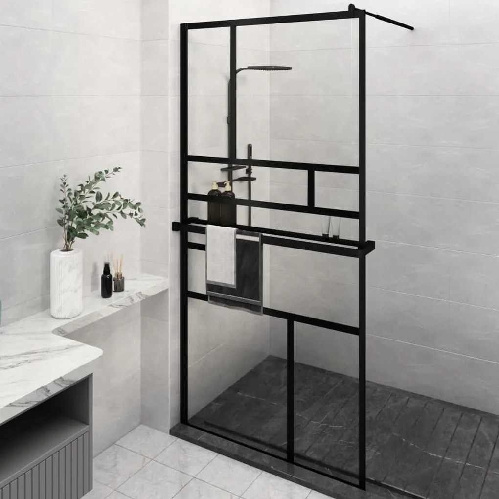 vidaXL Divisória chuveiro+prateleira 115x195 vidro ESG/alumínio preto