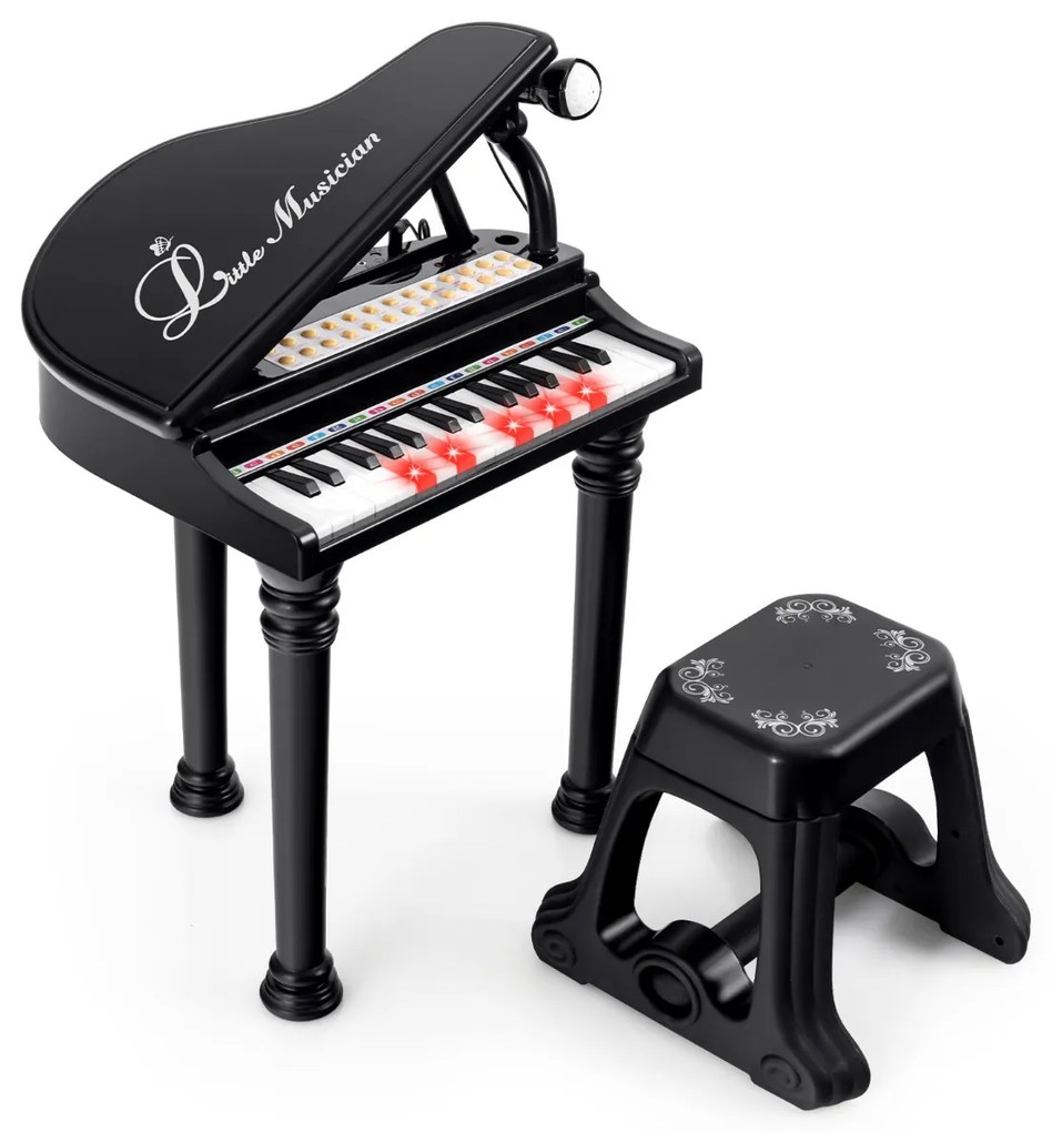 Piano eletrónico para crianças de 31 teclas com banco portátil com microfone LED 35 x 30 x 55 cm Preto