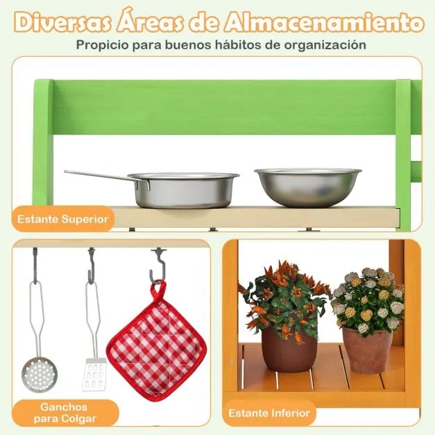 Cozinha para crianças ao ar livre 72 × 38 × 92 cm com fogões realistas, torneira, lava-louça, forno e acessórios de cozinha verde e amarelo
