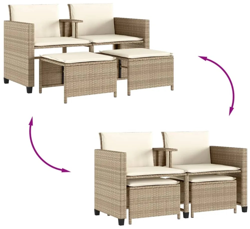 Sofá de jardim de 2 lugares com mesa e bancos vime PE bege