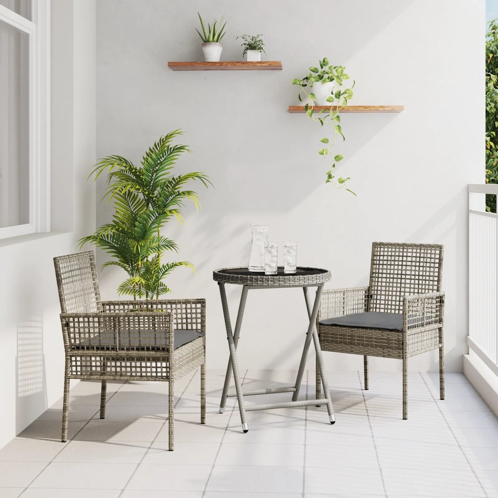 Conjunto de Bistro de Jardim com 3 Peças e Almofadas Cinza em Rattan Sintético