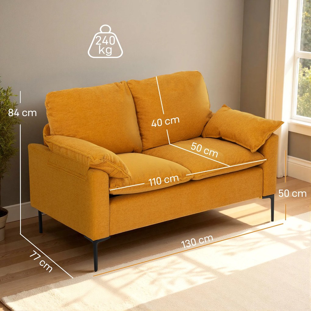 Sofá de 2 Lugares Revestido em Veludo Sofá Moderno com Pés de Metal Apoios de Braços Acolchoados 130x77x84 cm Amarelo Mostarda