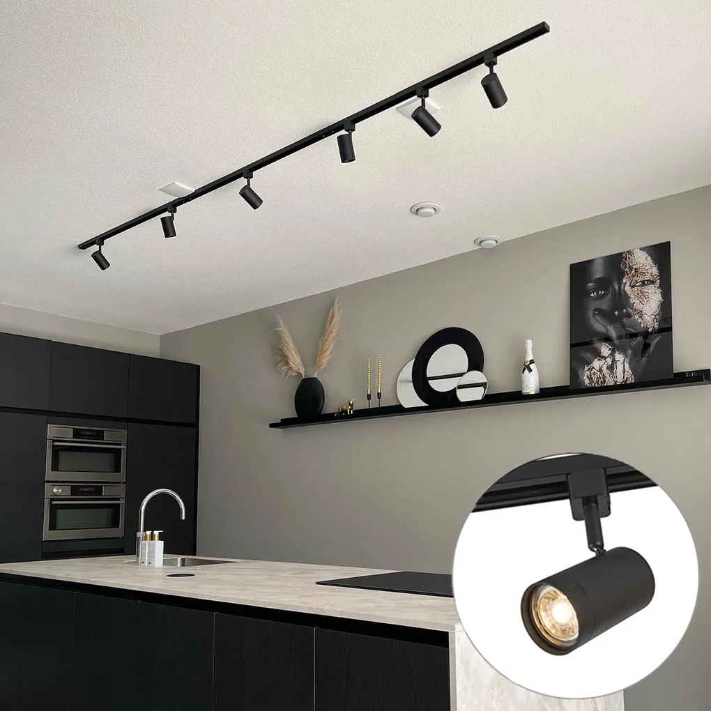 Sistema de iluminação de trilho moderno com 6 focos preto 1-fase 286cm - Iconic Jeana