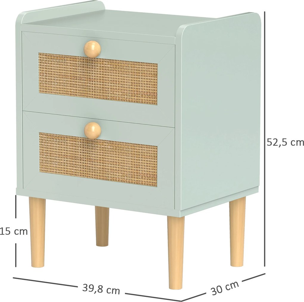 Mesa de cabeceira com 2 gavetas com efeito de vime natural e estrutura em madeira, 39,8 x 30 x 52,5 cm, verde-oliva