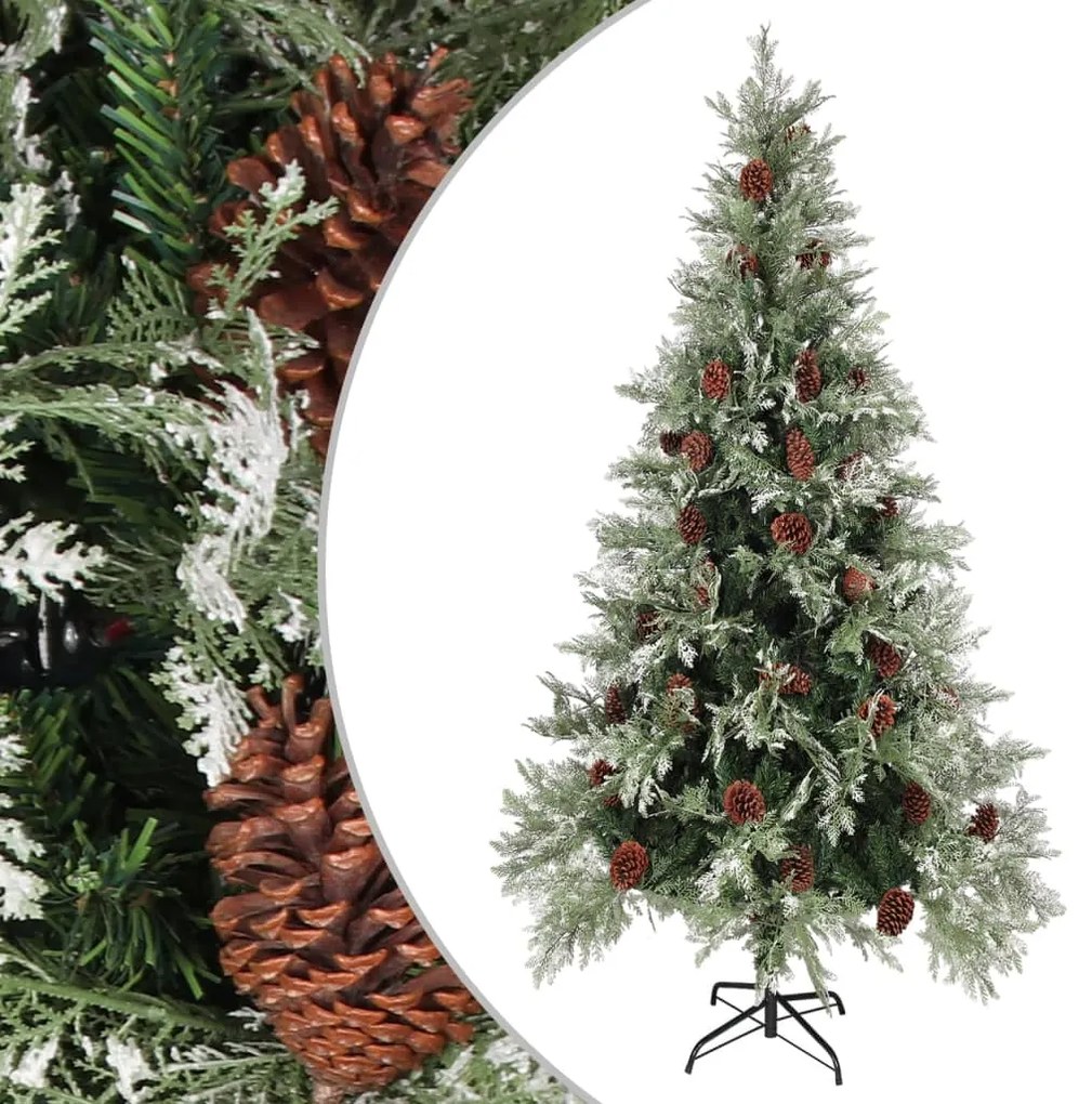 vidaXL Árvore de Natal com pinhas 225 cm PVC e PE verde e branco