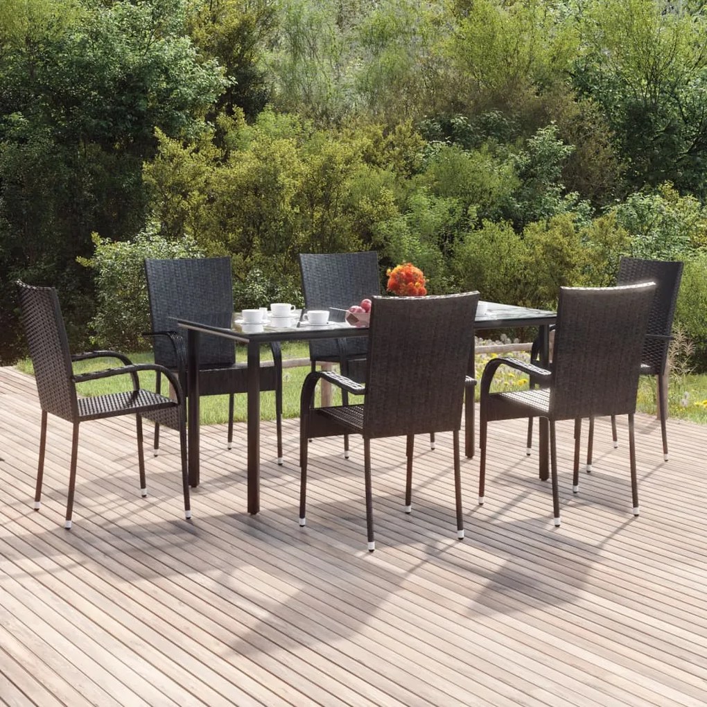 7 pcs conjunto de jantar para jardim vime PE preto