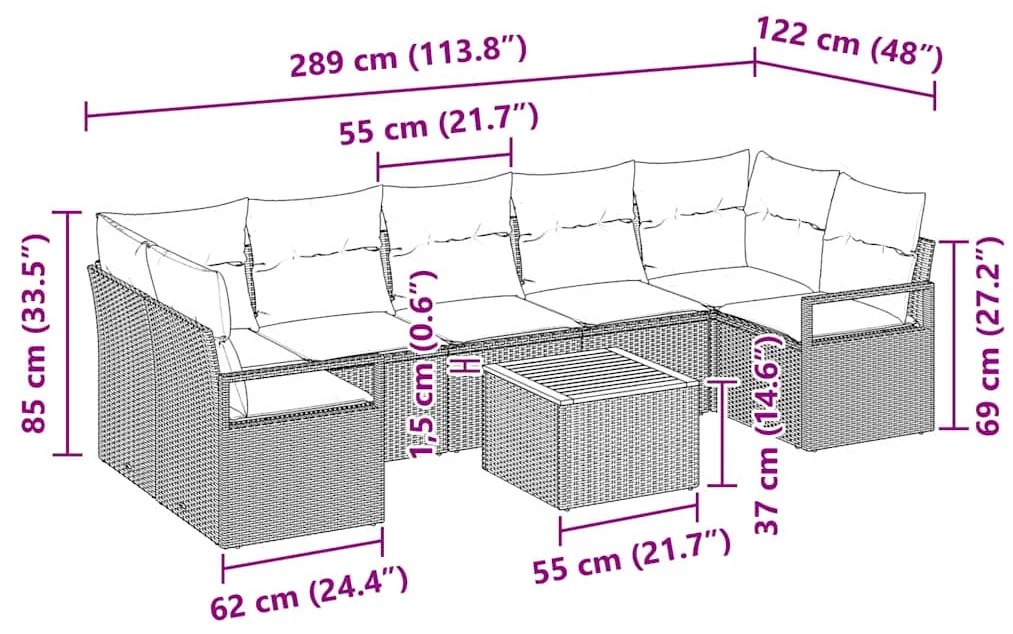 Conjunto de sofá de jardim em 8 peças com almofadas bege em rattan de