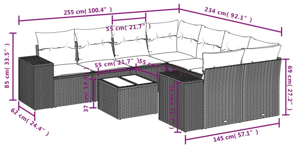 9 pcs conjunto sofás p/ jardim c/ almofadões vime PE castanho