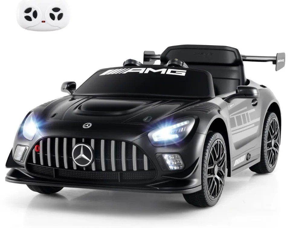 Carro elétrico para crianças com controle remoto, música, buzina, luzes LED, cinto de segurança ajustável, arranque lento, preto