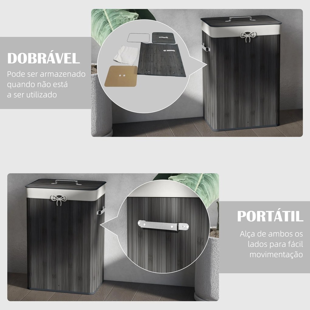 Cesto de Roupa de Bambu Dobrável Cesto para Roupa Suja com Tampa e Bol