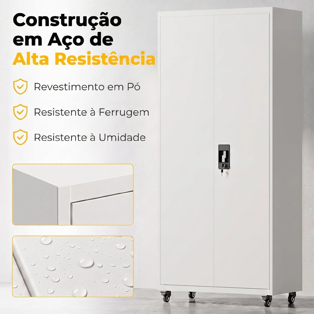 Armário de Ferramentas em Aço 180 cm com Rodas Amovíveis Prateleiras Ajustáveis e Carga até 250 kg para Garagem Branco